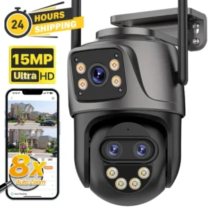 15MP HD WiFi IP Camera Outdoor 8x Zoom Three Lens Dual Screen PTZ Camera Auto Tracking Home Security CCTV Surveillance 8MP Cam IP خكاميراارجية عالية الدقة بدقة 15 ميجابكسل مع تقريب 8x وثلاث عدسات وشاشة مزدوجة وكاميرا PTZ للتتبع التلقائي وأمن المنزل ومراقبة CCTV بدقة 8 ميجابكسل